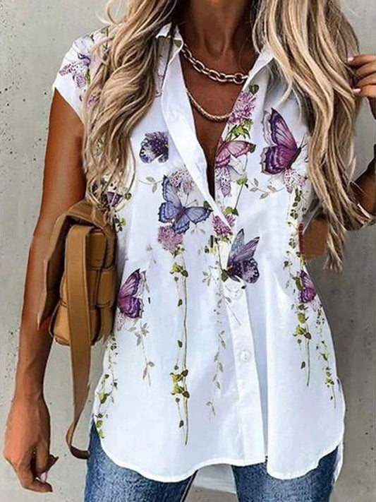 Butterfly Floral Print Short Sleeve Lapel Shirt