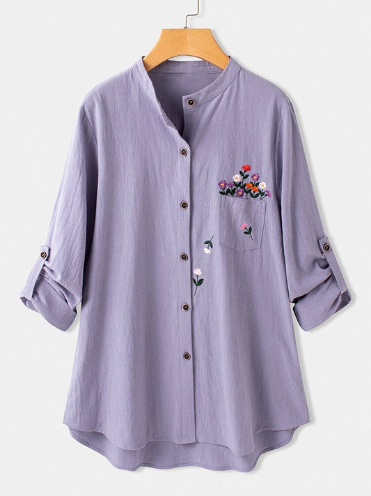 Casual Stand Collar Embroidered Blouse